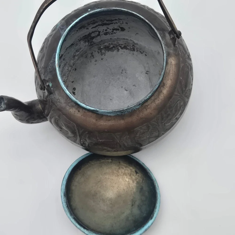 Vintage Chinese Bronze Zodiac Signs Teapot Decorative Embossed Verdigris Patina